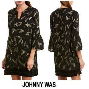 JOHNNY WAS Workshop Black Metallic Gold Feathers Embroidered Hem Mini Dress Sz S